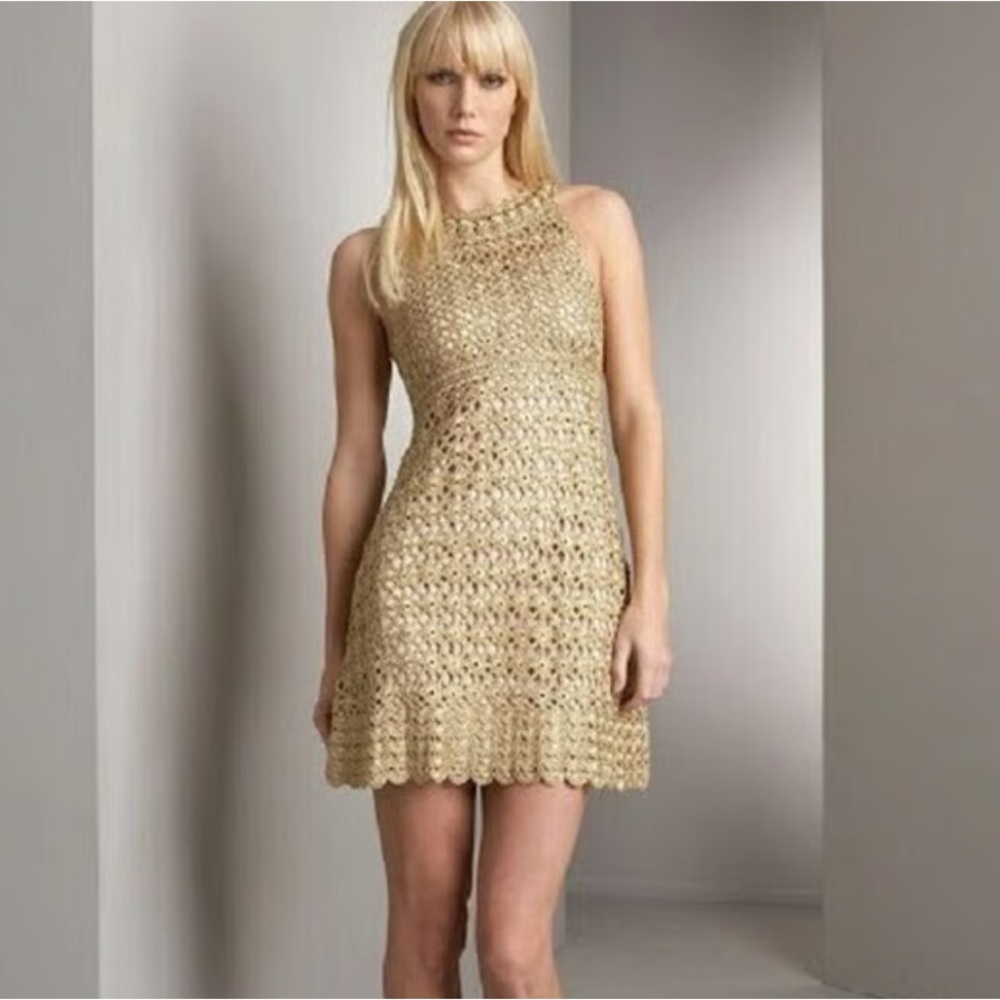 Diane Von Furstenberg Crochet Dress Women’s Medium Metallic Gold B6 - Picture 4 of 11
